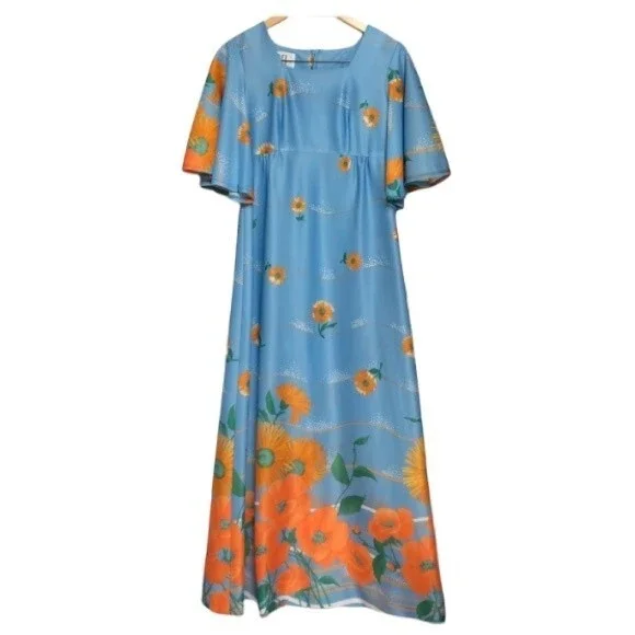 Vintage Maxi Dress Womens XS Blue Orange Floral 100 Parkhouse Dallas Cape Sleeve - Picture 1 of 10